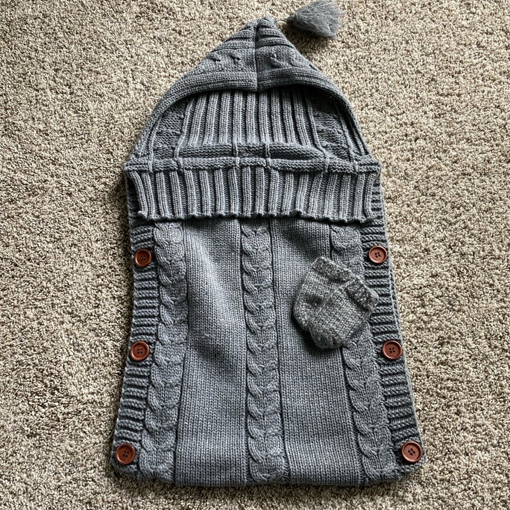 Gray knit baby bunting with handmade booties/mittens